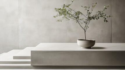 Minimal home office space with light gray tones and a touch of green from the potted desk plant