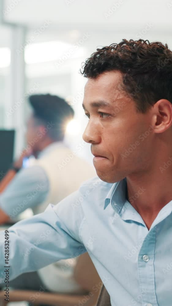 Aufkleber Man, programmer or pen with interactive display on computer for UI design or UX at office. Male person, software developer or app designer with digital drawing for system edit or troubleshooting