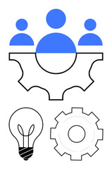 Blue and black stylized representations of teamwork using people figures above a gear, a lightbulb symbol for ideas, and additional gear for productivity. Ideal for collaboration, creativity