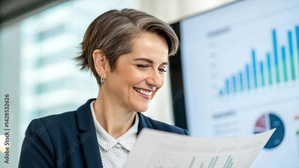 Aufkleber smiling businesswoman in office analyzing data and charts for insightful reports and analysis.