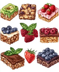 The illustration is a modern depiction of a granola bar set, including a protein snack, with the characteristics of being energy chewy and crunchy delicious, along with a granola bar sign, presented