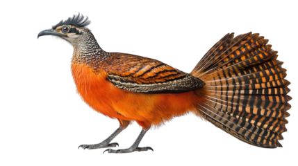 A striking, orange and brown bird with a large, patterned tail, featuring vibrant colors and details.
