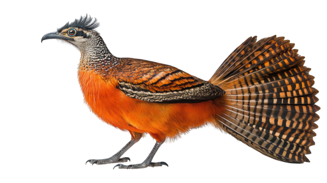 A striking, orange and brown bird with a large, patterned tail, featuring vibrant colors and details.