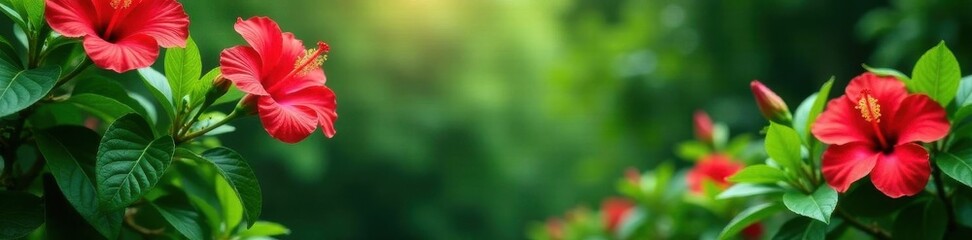 Fototapeta premium Lush green foliage, vibrant red hibiscus blooms, garden backdrop, setting, bright