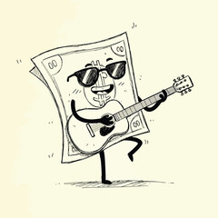 Fototapeta premium Animated cartoon dollar bill playing guitar with sunglasses smiling cheerful musical vector illustration 