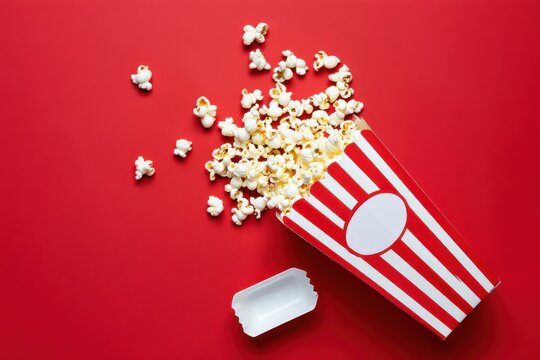 Image of knocked down red and white striped carton of popcorn by single cinema theatre ticket, spilled popped kernels, film snack food tub, red background, elevated view, copy space - Powered by Adobe