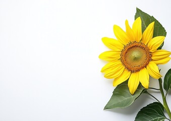 Obraz premium Beautiful bright yellow sunflower head and leaves set against white backdrop