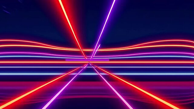Neon lines shift from horizontal to diagonal, creating a mesmerizing visual journey through vibrant colors and light, enhancing the dynamic atmosphere of the scene