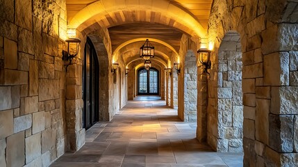 Naklejka premium Elegant Stone Hallway with Archways and Warm Lighting