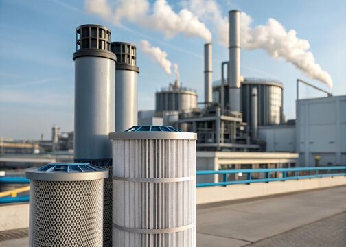 The image features industrial structures with smokestacks, highlighting machinery and air filtration systems against a clear blue sky.