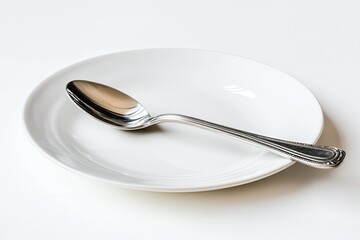 A single spoon rests on a white plate.
