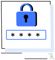 Blue padlock above obscured password field signifies digital security and privacy. Ideal for cybersecurity, encryption, authentication, protection, login systems, safe access, and privacy. Flat