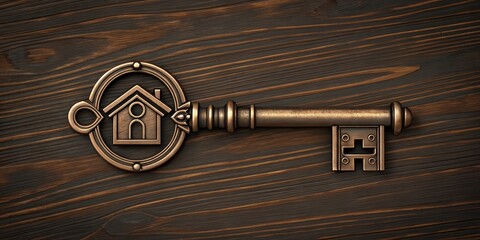 A decorative vintage key featuring a house emblem, resting on a wooden surface, symbolizing home and security.