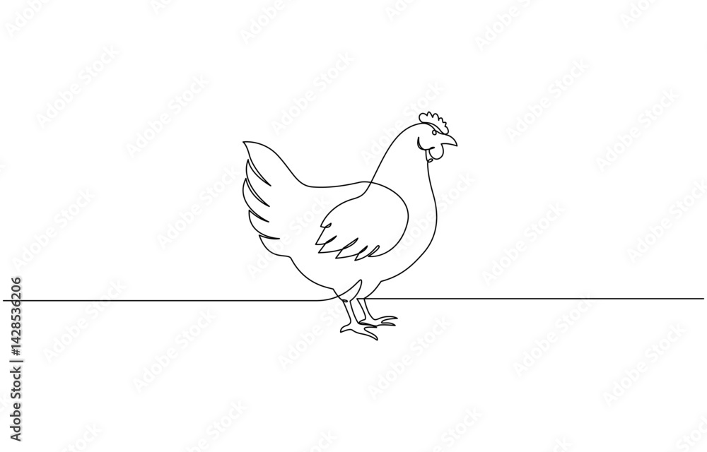 Poster hen in continuous line art drawing style. chicken minimalist black linear design, continuous one lin