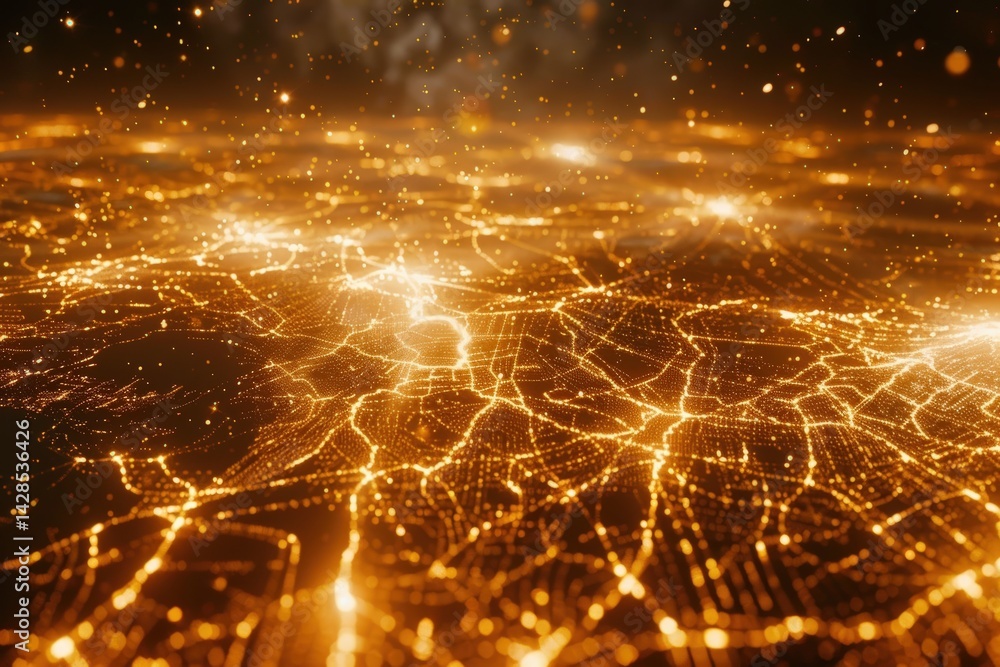Poster a mesmerizing abstract representation of interconnected pathways illuminated by golden light, sugges