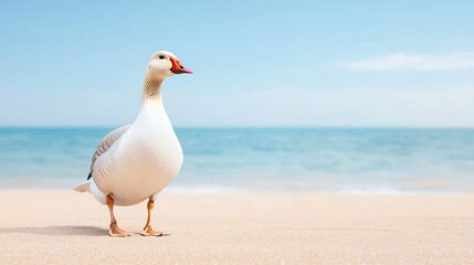 side view of a goose walking along a remote coastline, fine sand patterns and soft pastel ocean horizon, minimal composition with high realism