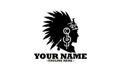 Native American chief adorned with an intricate feathered headdress featuring traditional patterns. Indian chief mascot head graphic vector and apache warrior face indian ethnic logo