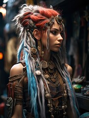Obraz premium A woman with red and grey hair wearing ornate jewelry and shoulder armor in a dark setting indoors