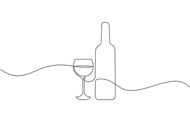 Obraz premium Wine bottle and wine glass drawing with one continuous line, Continuous line one drawing of wine bottle with wineglass. Minimalist linear sketch of alcohol drink in glass and bottle. 
