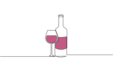Wine bottle and wine glass drawing with one continuous line, Continuous line one drawing of wine bottle with wineglass. Minimalist linear sketch of alcohol drink in glass and bottle. 