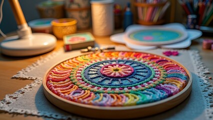 Fototapeta premium Colorful embroidery hoop art on wooden table with mandala design and supplies