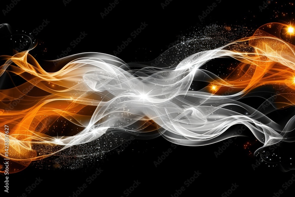 Poster a captivating abstract design featuring flowing waves of orange and white against a black background