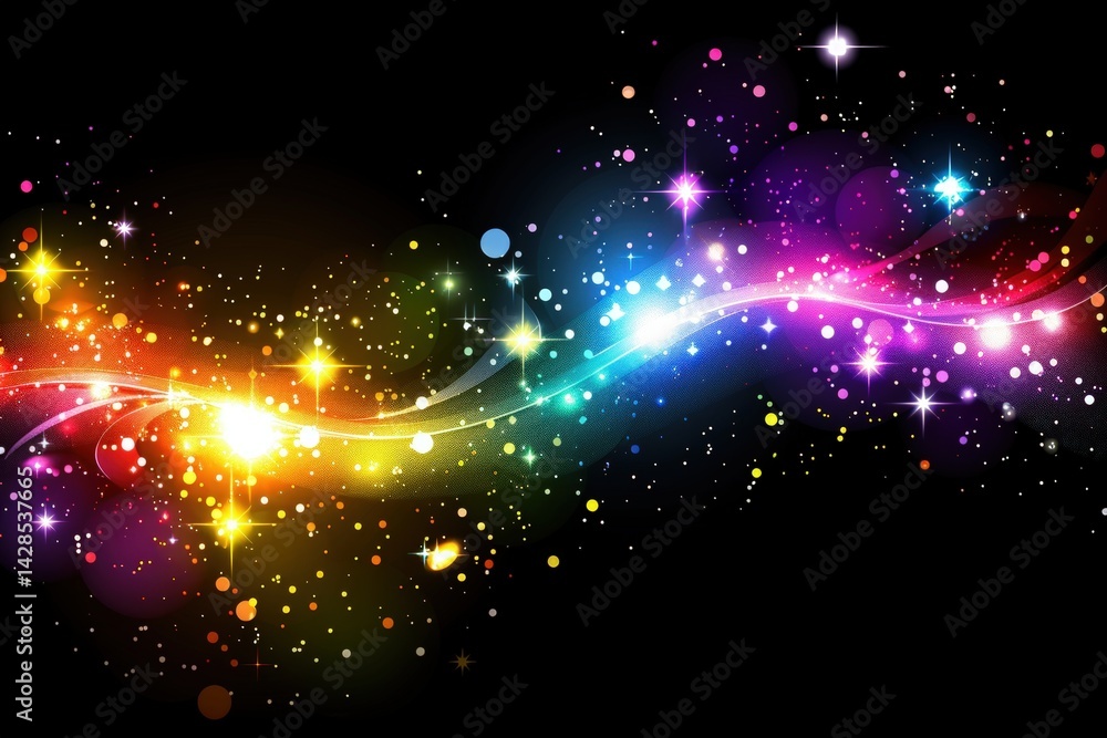 Poster a vibrant abstract design featuring colorful stars and waves against a black background, creating a 
