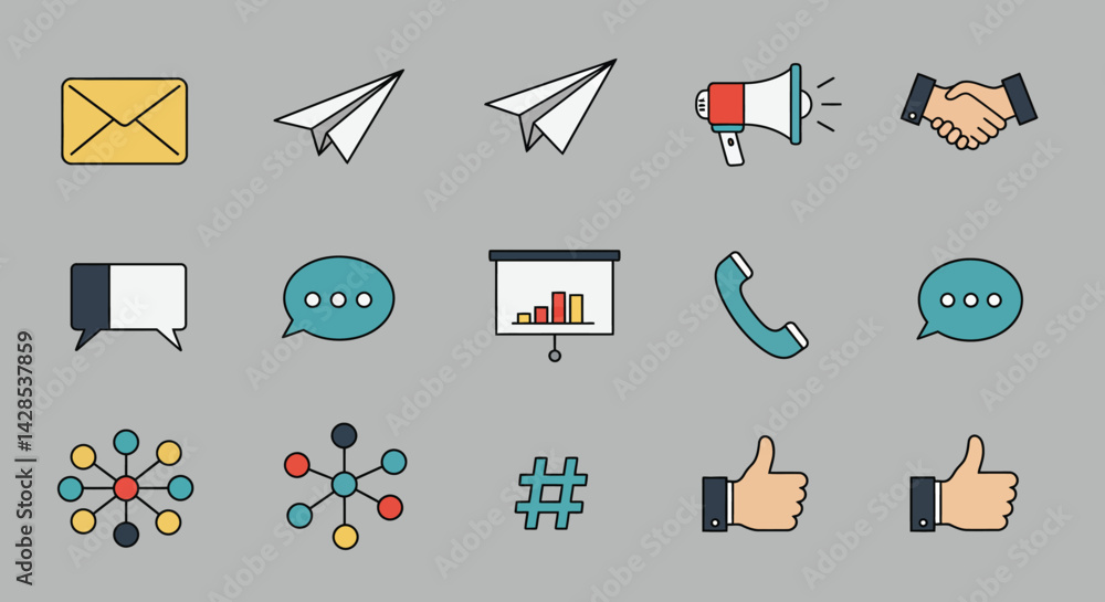 Aufkleber communication and social media icons set with envelope phone handshake and graph illustration in vec