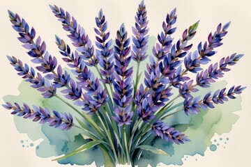 a vibrant watercolor artwork of lavender, in a bold watercolor technique, with lavender and sage green shades, painted on rough paper, expressive strokes, feathered edges, uplifting mood
