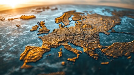 Europes textured terrain map glows at sunset emphasizing countries shapes and borders