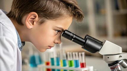 Young scientist laboratory conducting exciting experiment with microscope for education and science.