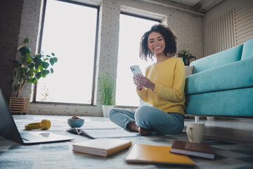 Young woman enjoying a relaxed weekend at home with a smartphone in a cozy and bright living room.