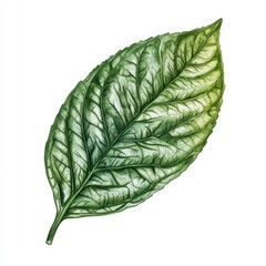 Detailed watercolor painting of a single green leaf isolated ona  white background