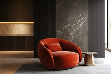 Stylish modern interior with a white marble wall, curved pink sofa, and soft lighting, creating a calm and luxurious atmosphere