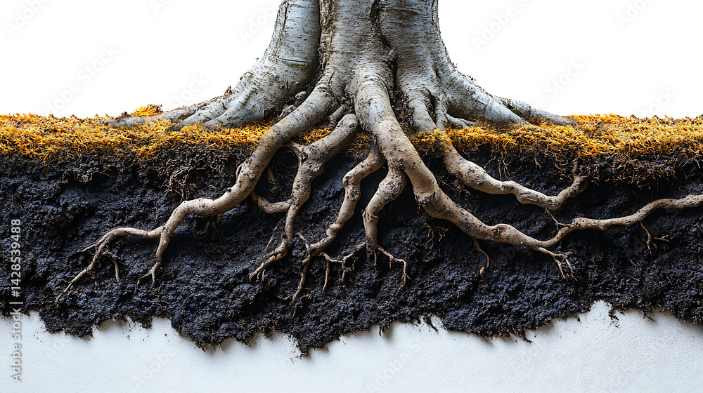 Poster tree trunk with exposed roots embedded in soil isolated on white background detailed closeup view