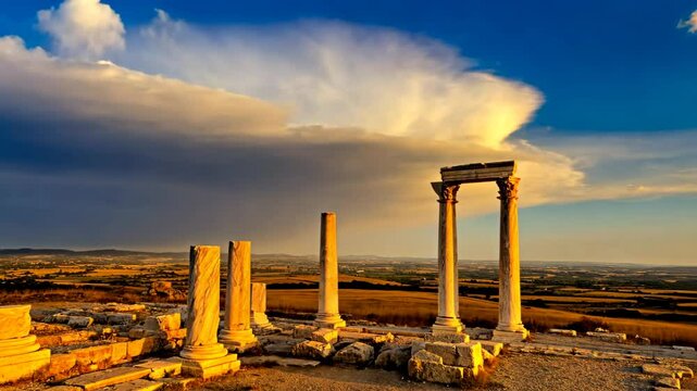 Scenic view of ancient ruins under dramatic sky with golden light and rolling hills in distance