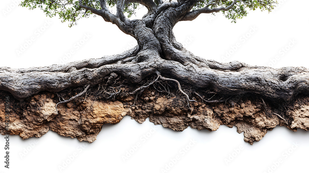 Poster exposed tree roots and underlying soil layer on white background displaying natural texture and eart