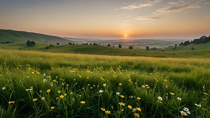Sunrise Over a Peaceful Green Meadow
