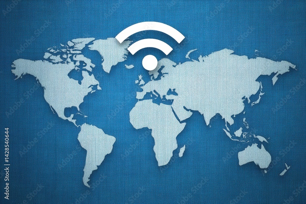 Poster a stylized world map with a wi-fi symbol, representing global connectivity and internet access acros