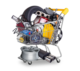 yellow online shopping cart or shop cart filled with  various automotive parts, including oil and air filters, lights, wheels, disc brake and components isolated on white background