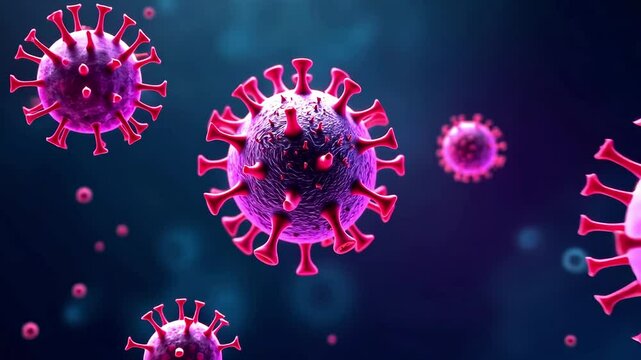 Detailed visualization of virus particles, highlighting their structure and movement, as the camera gradually zooms in, enhancing the immersive experience of the microscopic world