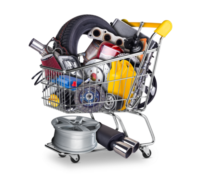 yellow online shopping cart or shop cart filled with  various automotive parts, including oil and air filters, lights, wheels, disc brake and components isolated on white background