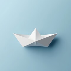 Simple white paper boat floating gently on a serene blue background, capturing the essence of childhood imagination and creativity Generative AI