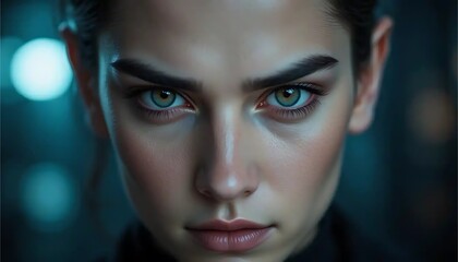 Intense Woman Staring with Green Eyes in Dramatic Lighting Close Up