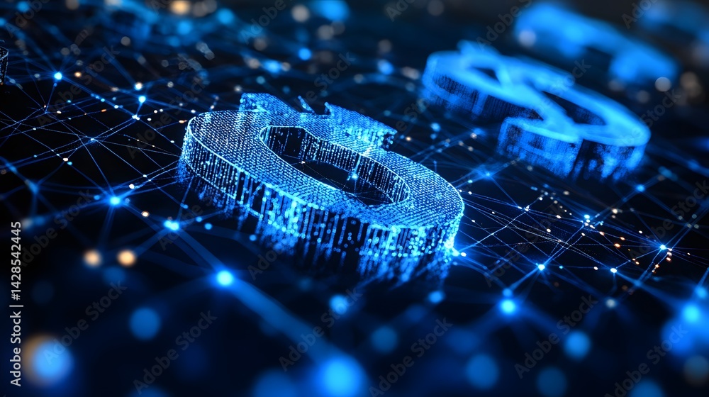 Poster digital currency: a captivating digital rendering of cryptocurrency symbols, interconnected by a lum