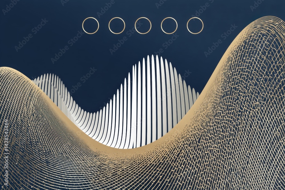 Poster a digital artwork featuring wave-like structures composed of lines, with circular elements above, cr