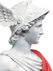 Obraz premium Close-up of a Marble Hermes Bust Ancient Greek Mythology, Winged Helmet, Sculpting Detail