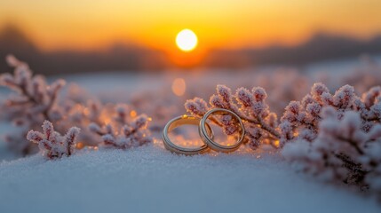 Frozen Vows Wedding rings gleam against a winter sunsets embrace