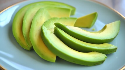 Sliced Avocados on a Plate: A Close-Up View of Fresh, Ripe Avocado Slices Arranged on a Light Blue Plate, Highlighting Their Vibrant Green and Yellow Hues.