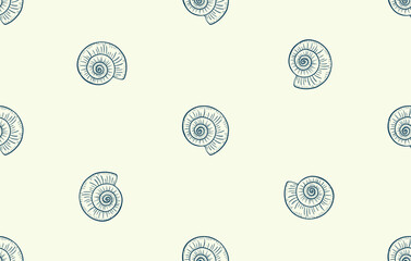 Seamless horizontal pattern with hand-drawn seashell  engraving. A vector sea shell nautical repeat pattern for decoration, print, and marine-themed designs.